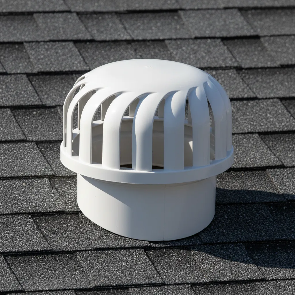 white PVC plumbing vent cap installed on roof vent pipe