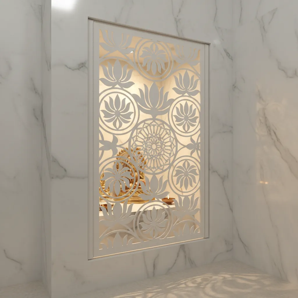 Laser cut PVC pooja door panel with lotus and mandala pattern