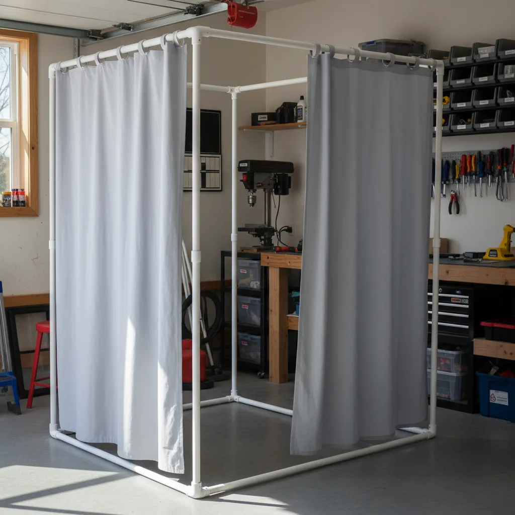 portable changing room frame built from white PVC pipes