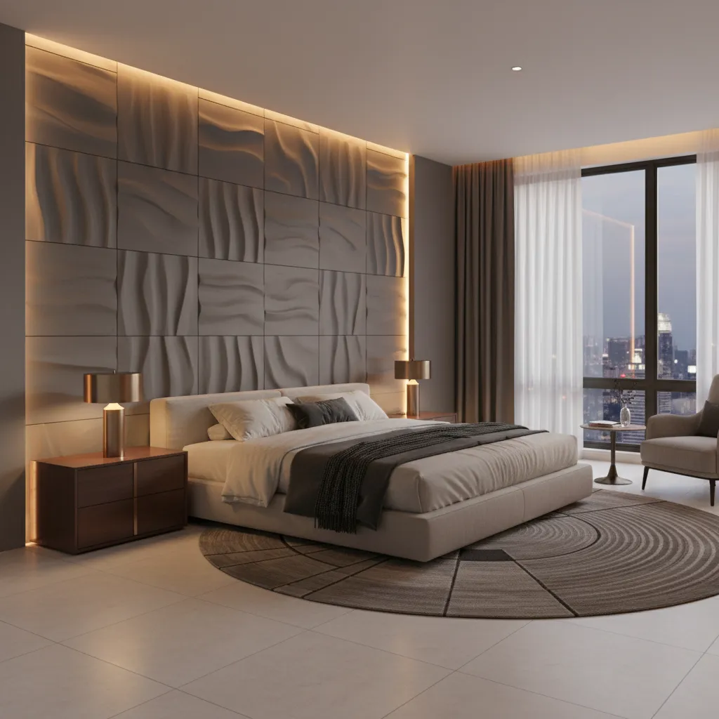 PVC bedroom wall panels with hidden LED lighting