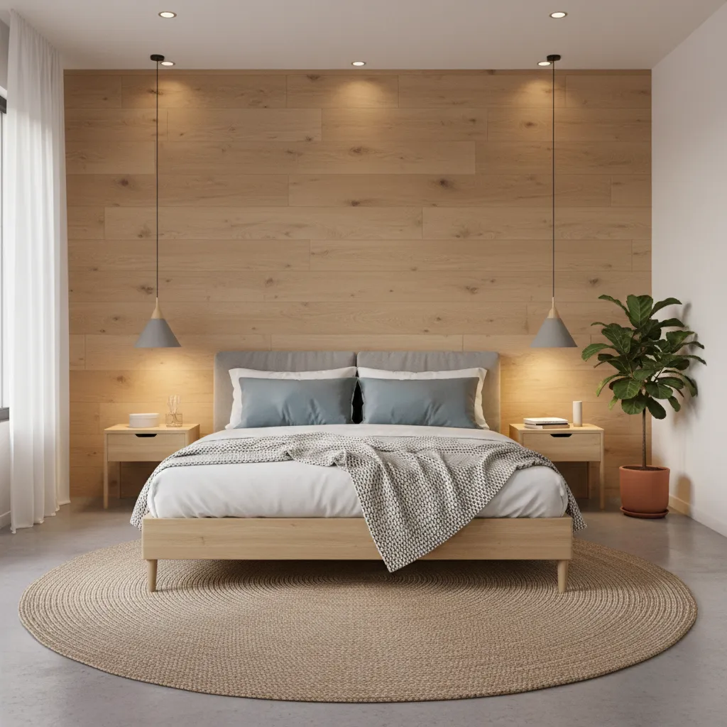 Bedroom wall with wood grain PVC panels