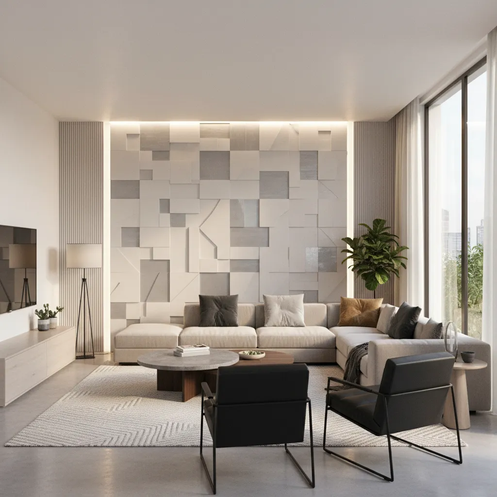 Modern living room interior with PVC wall panels installed as a feature wall