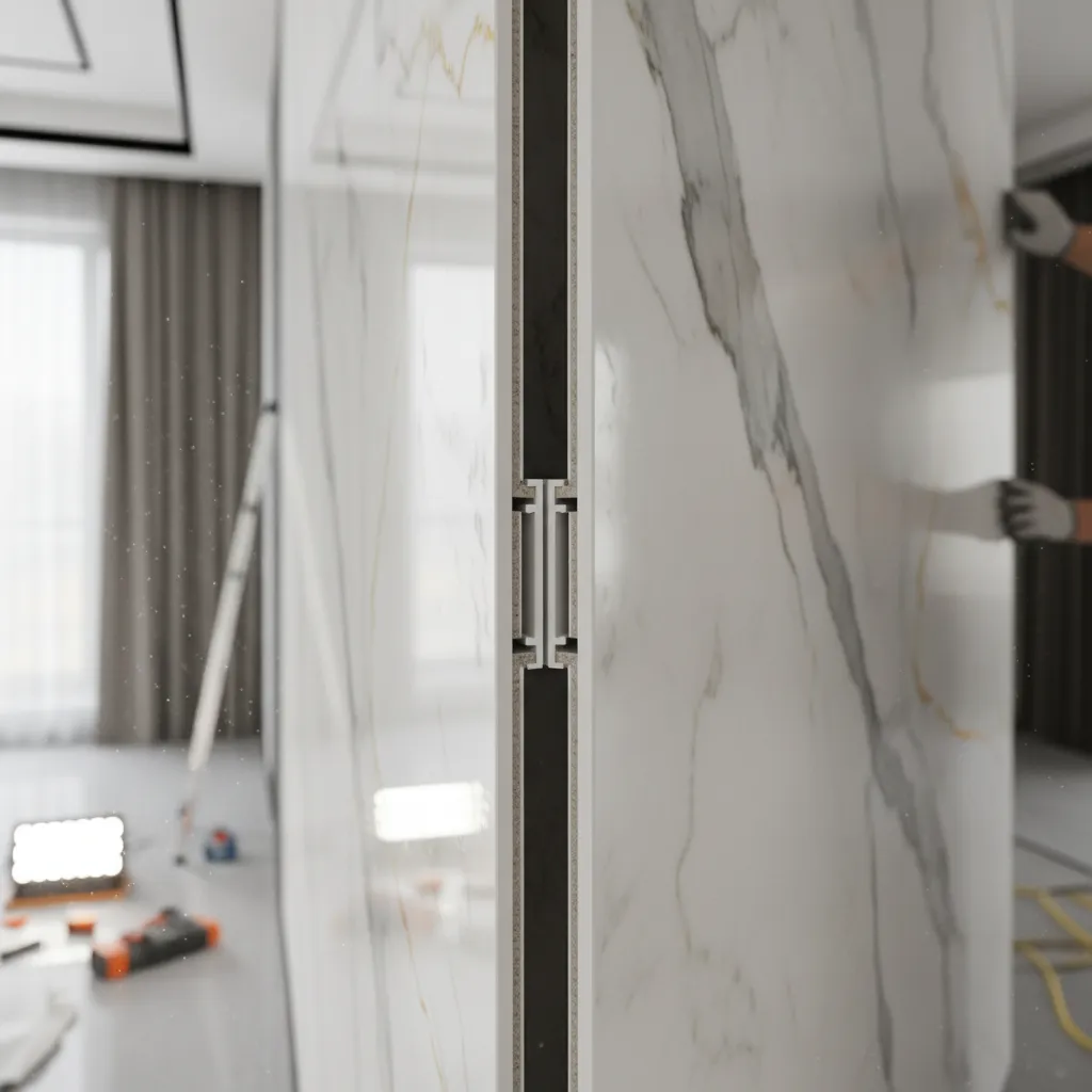 Close up of PVC wall panel locking edge connection during installation