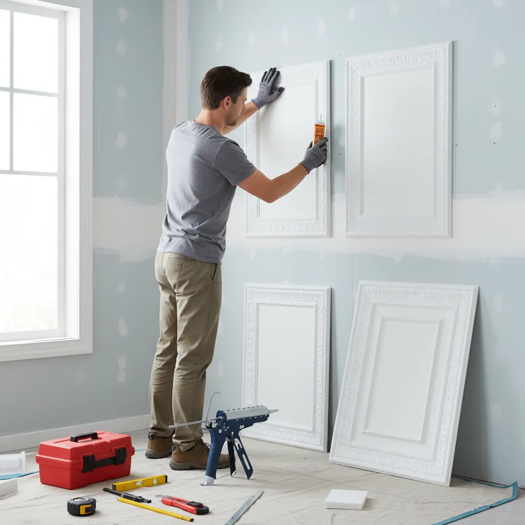 DIY installation of PVC decorative wall panels on interior wall