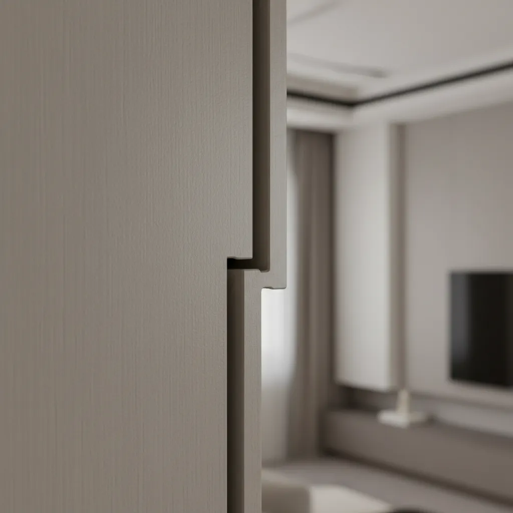 close view of pvc wall panel seams and locking joints during inspection