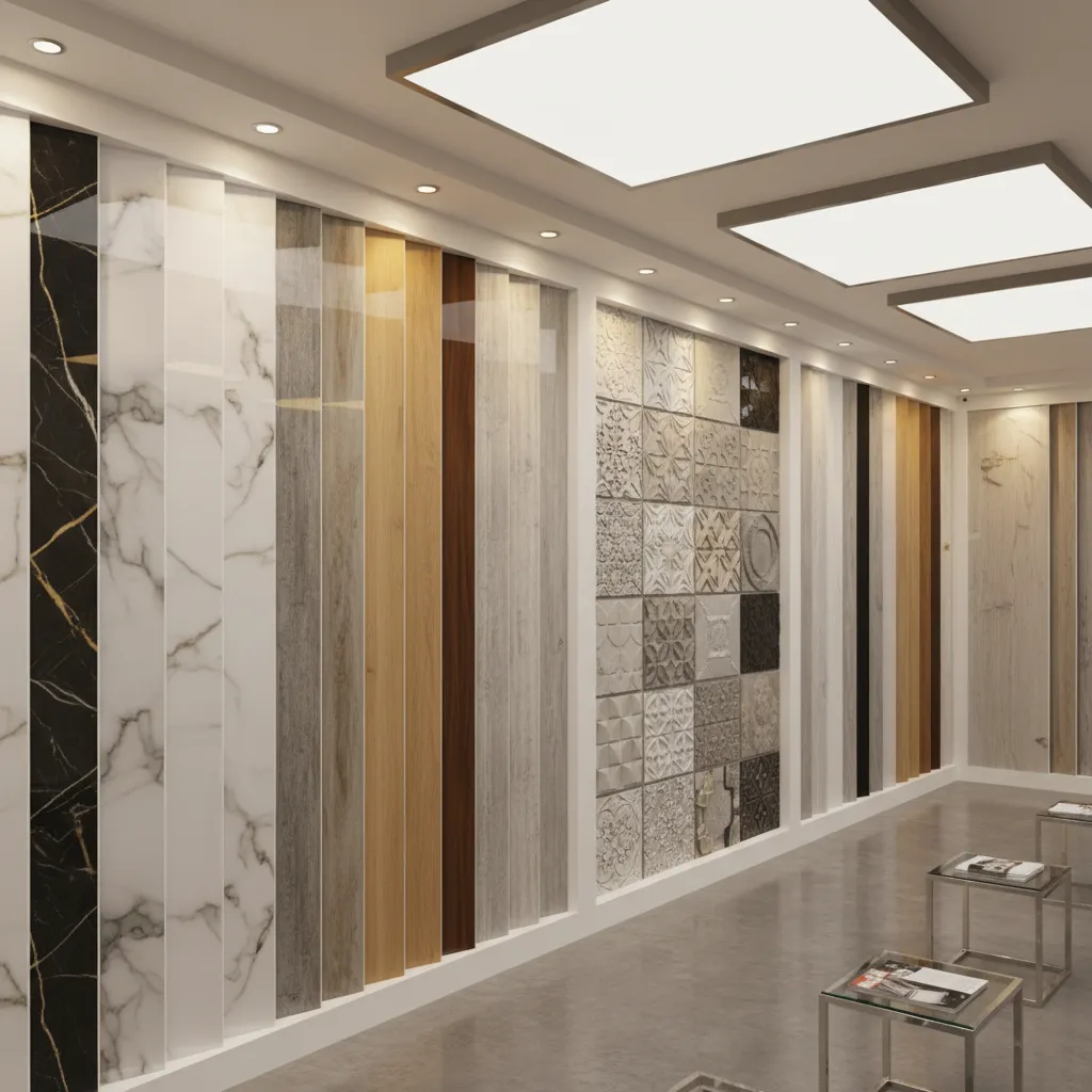 Display of different PVC wall panel designs in a building materials market