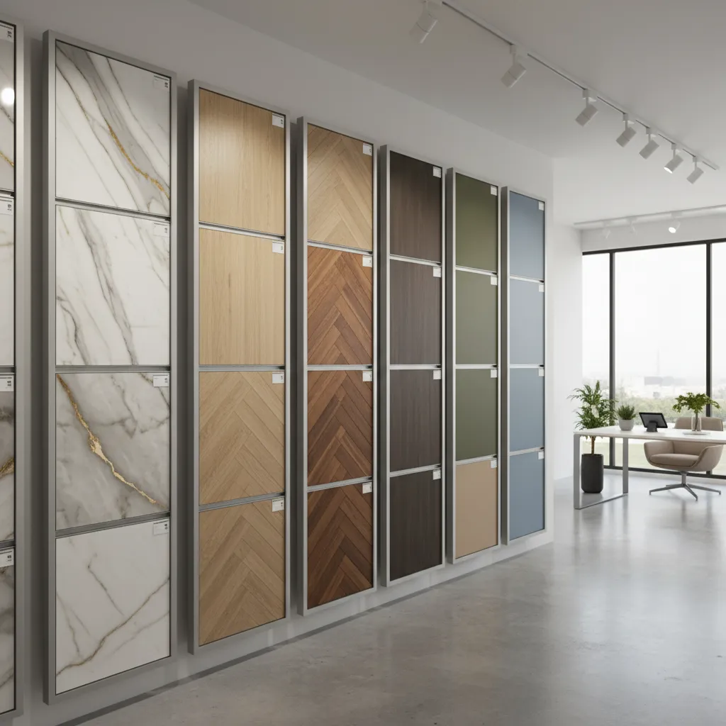 PVC wall panel samples displayed in an interior materials showroom