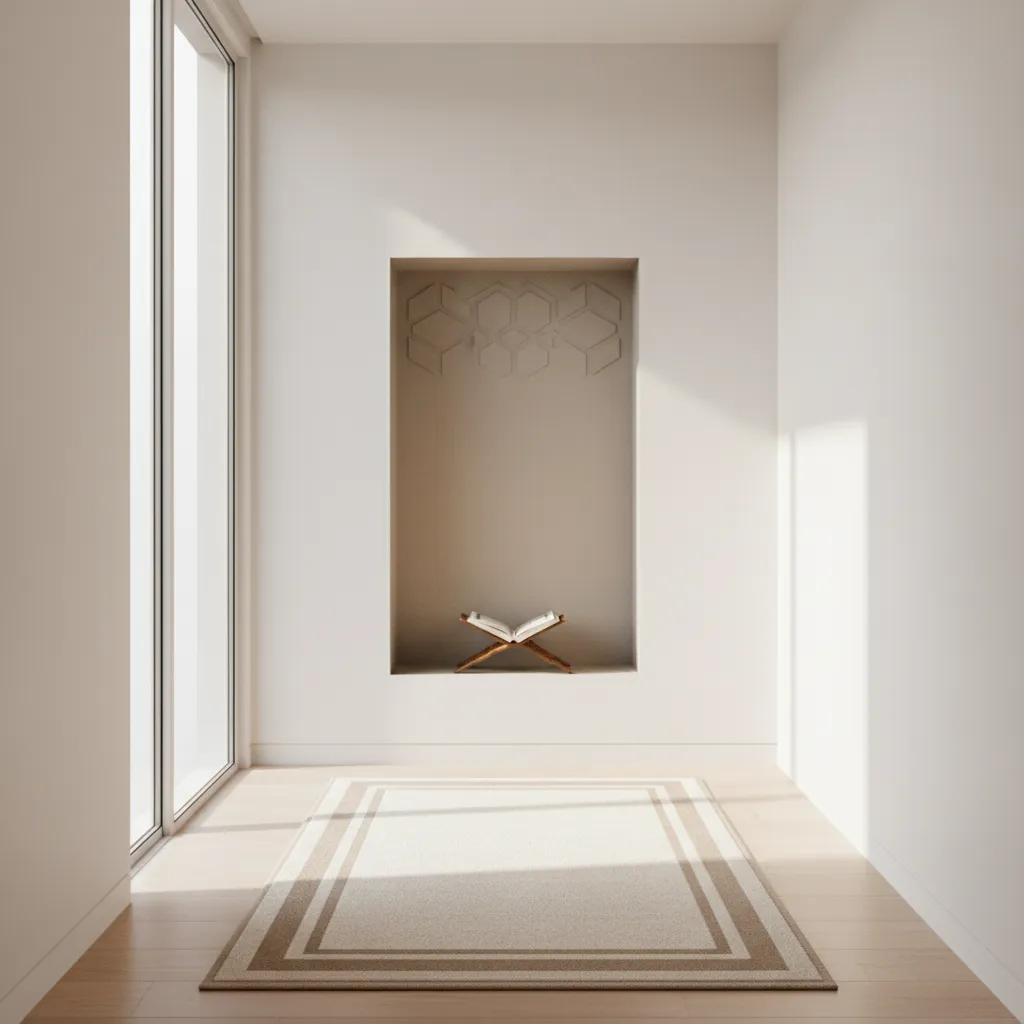 Small prayer space aligned toward qibla with rug and wall niche