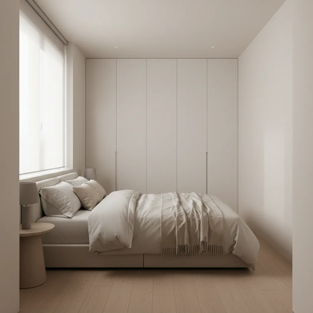 quarto compacto de casa pequena com cama casal e armário