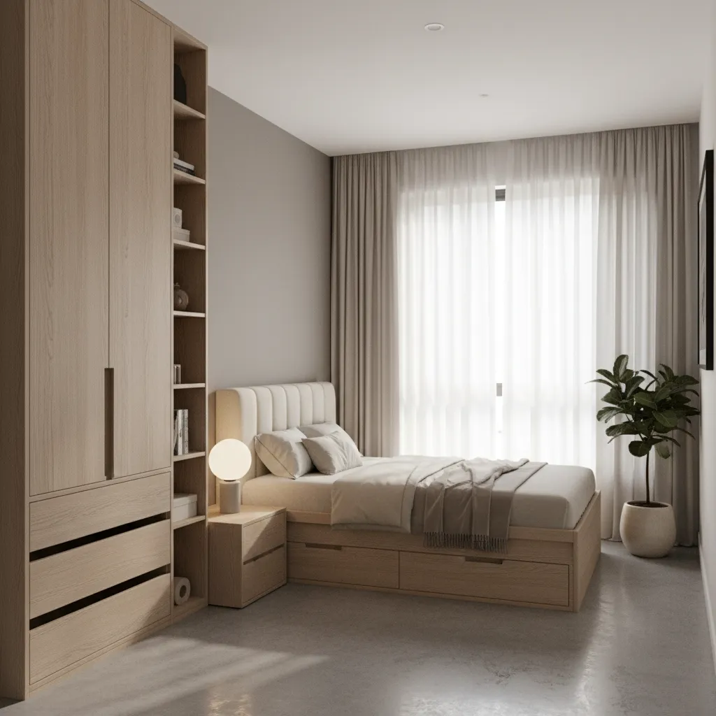 quarto pequeno bem organizado com armário e cama em casa compacta