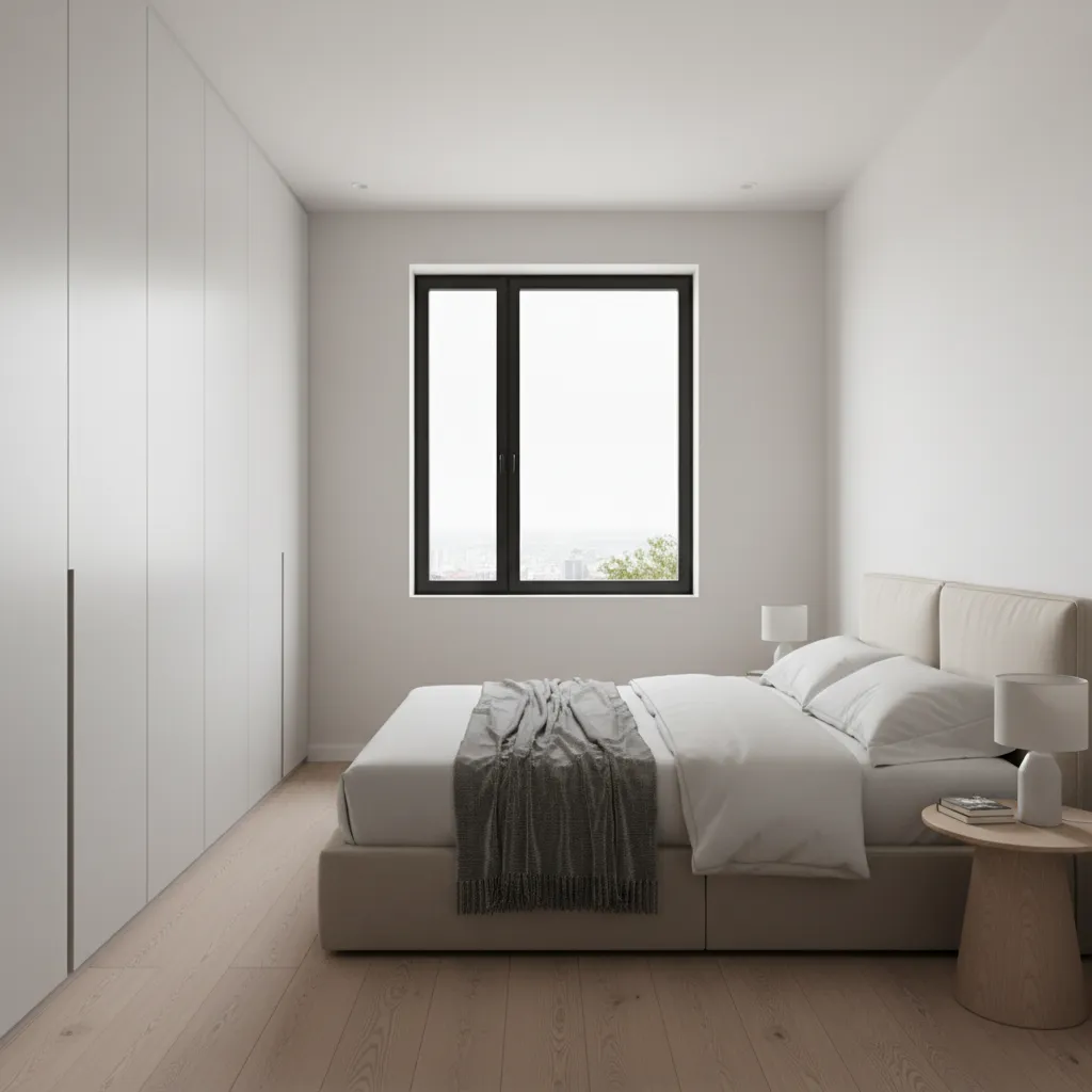 quarto moderno compacto bem organizado em casa pequena