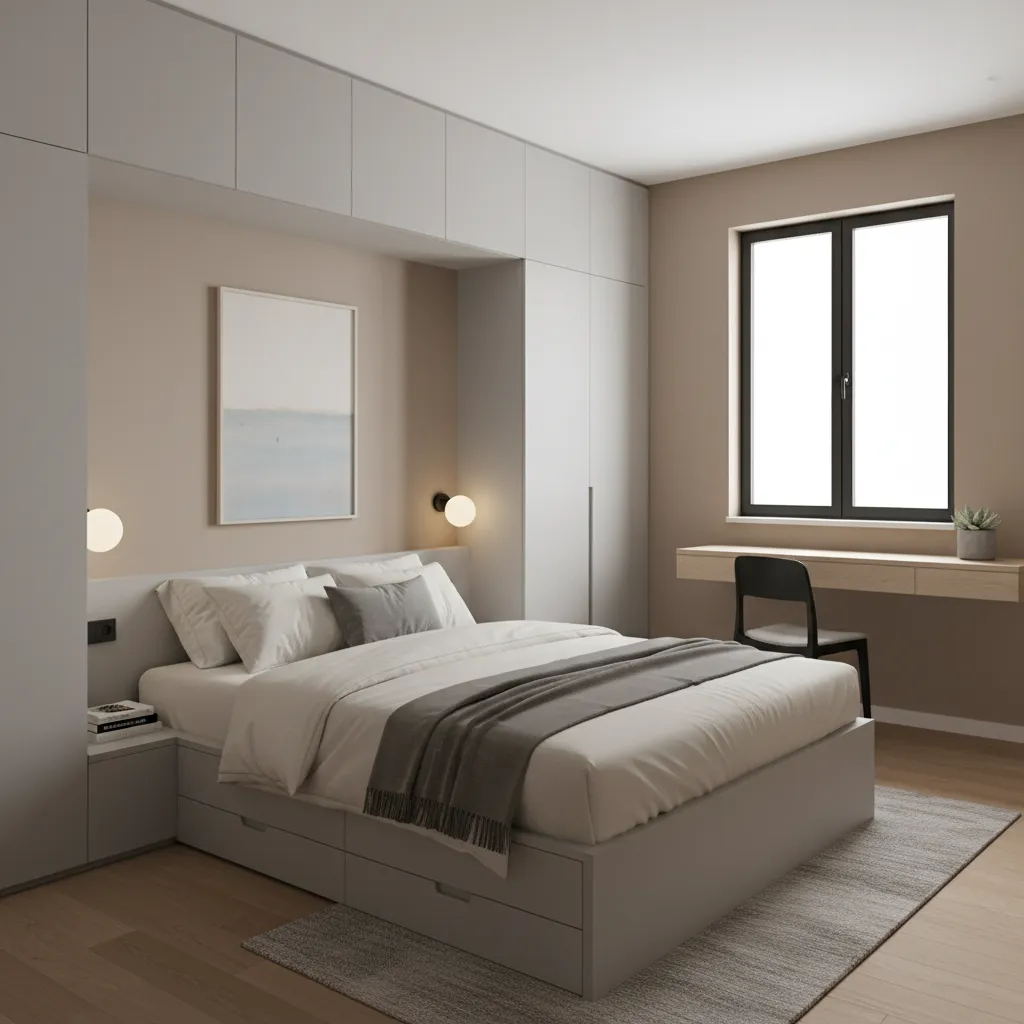 quarto de casal compacto em casa de 70m2 com armário planejado
