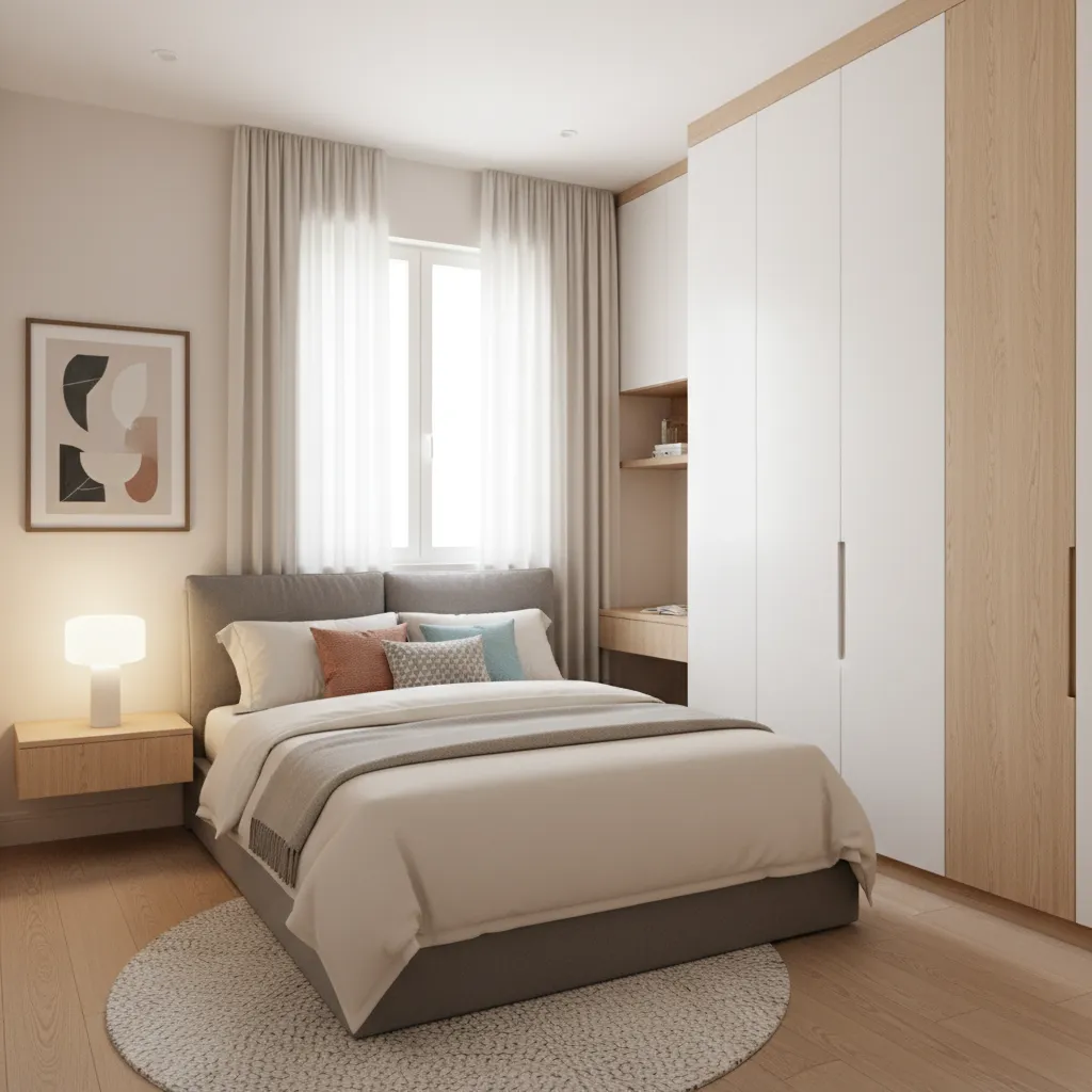 quarto pequeno bem planejado com cama casal e armario compacto