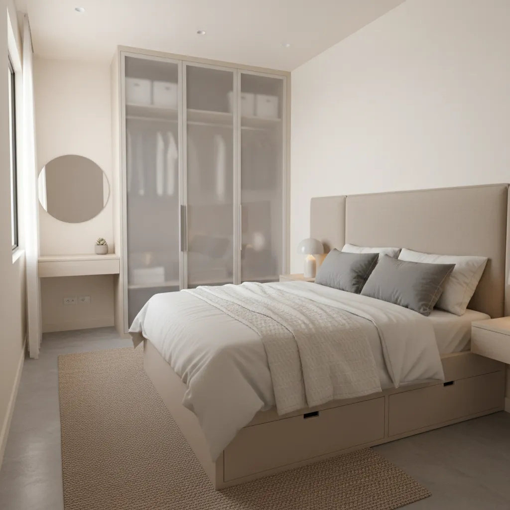 quarto pequeno funcional em casa compacta com guarda roupa planejado
