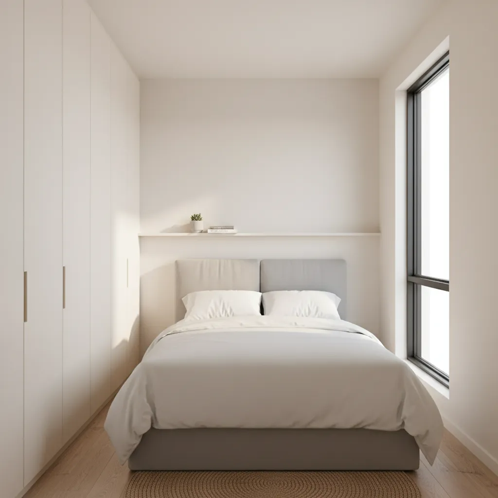 quarto pequeno funcional com cama e armário compacto