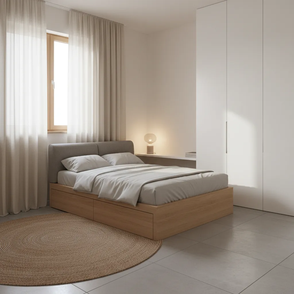 quarto pequeno bem organizado em casa compacta