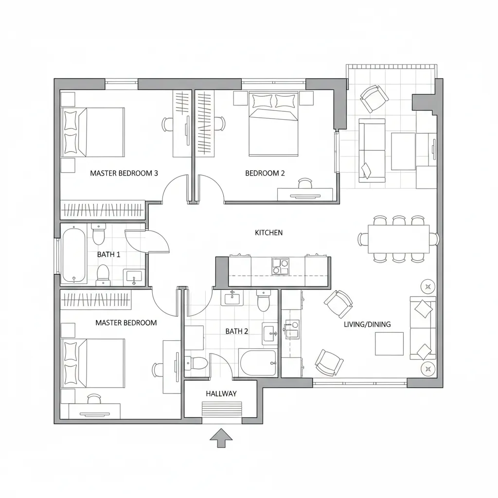 layout de três quartos compactos em planta residencial