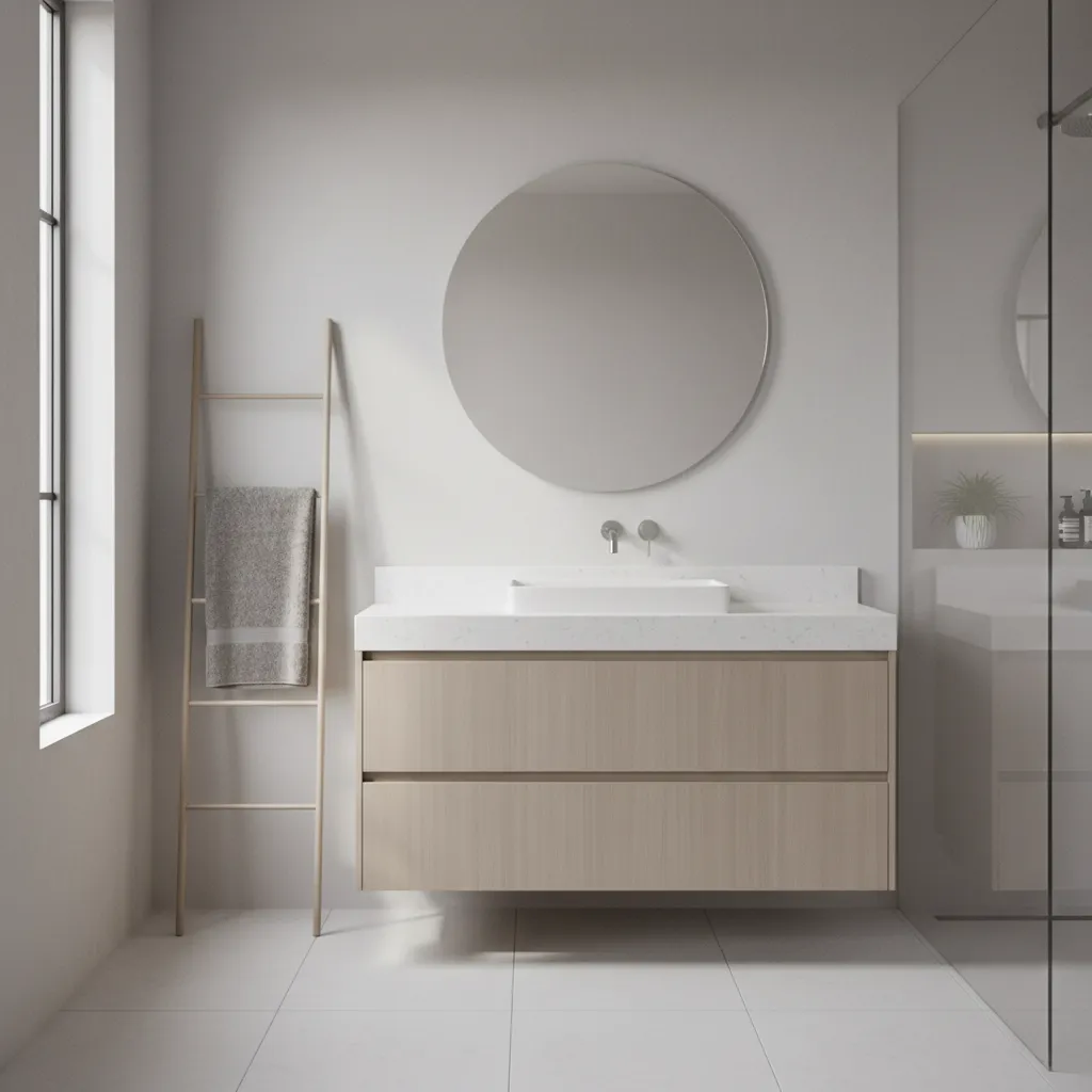 Quartz countertop bathroom vanity with undermount sink installation