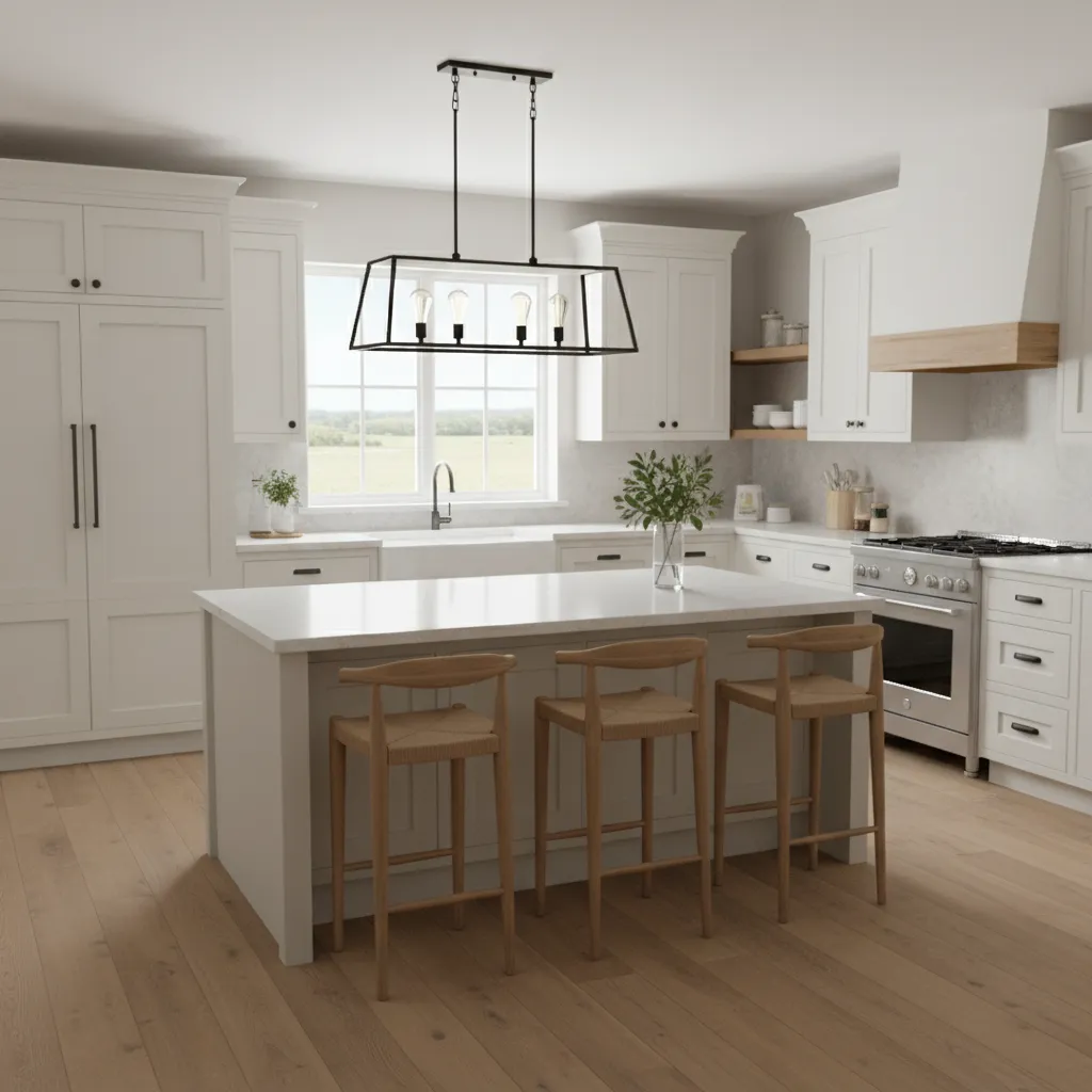 Busy family farmhouse kitchen with durable quartz countertops and large island