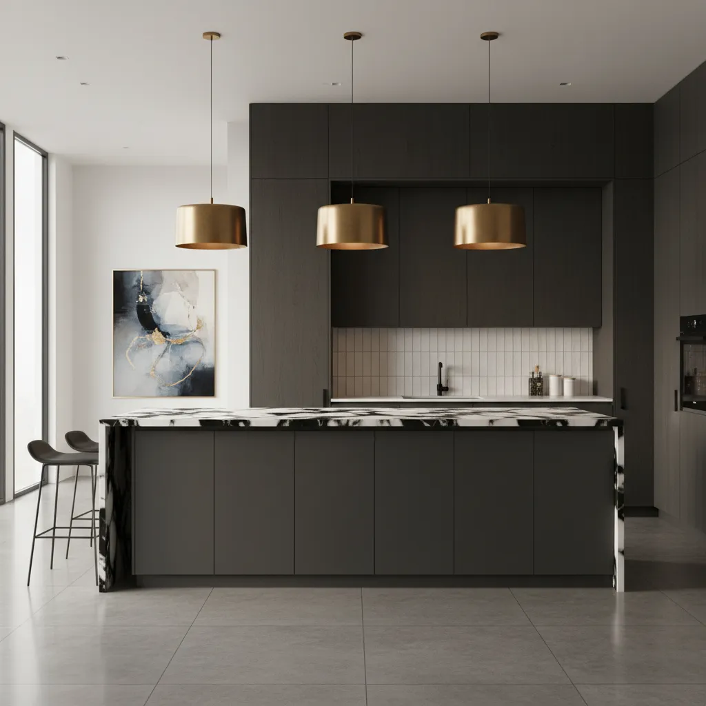 Quartz countertop kitchen island with dramatic veining and modern cabinetry