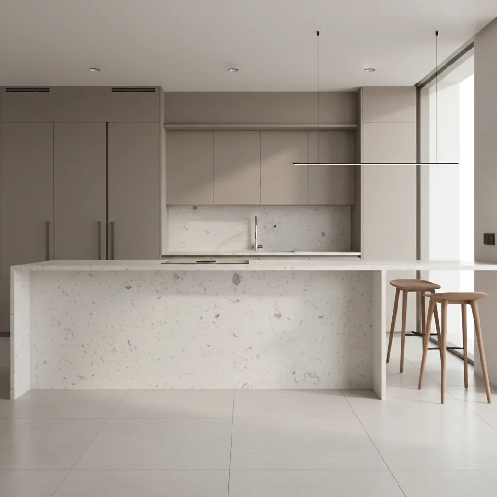 quartz kitchen countertop with waterfall edge and modern cabinets