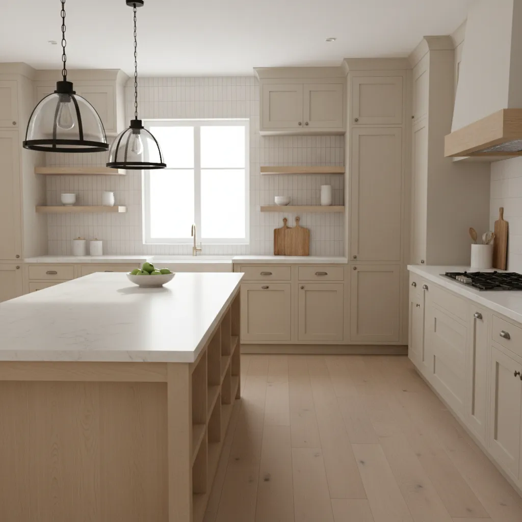 modern farmhouse kitchen with white quartz countertop and wood accents