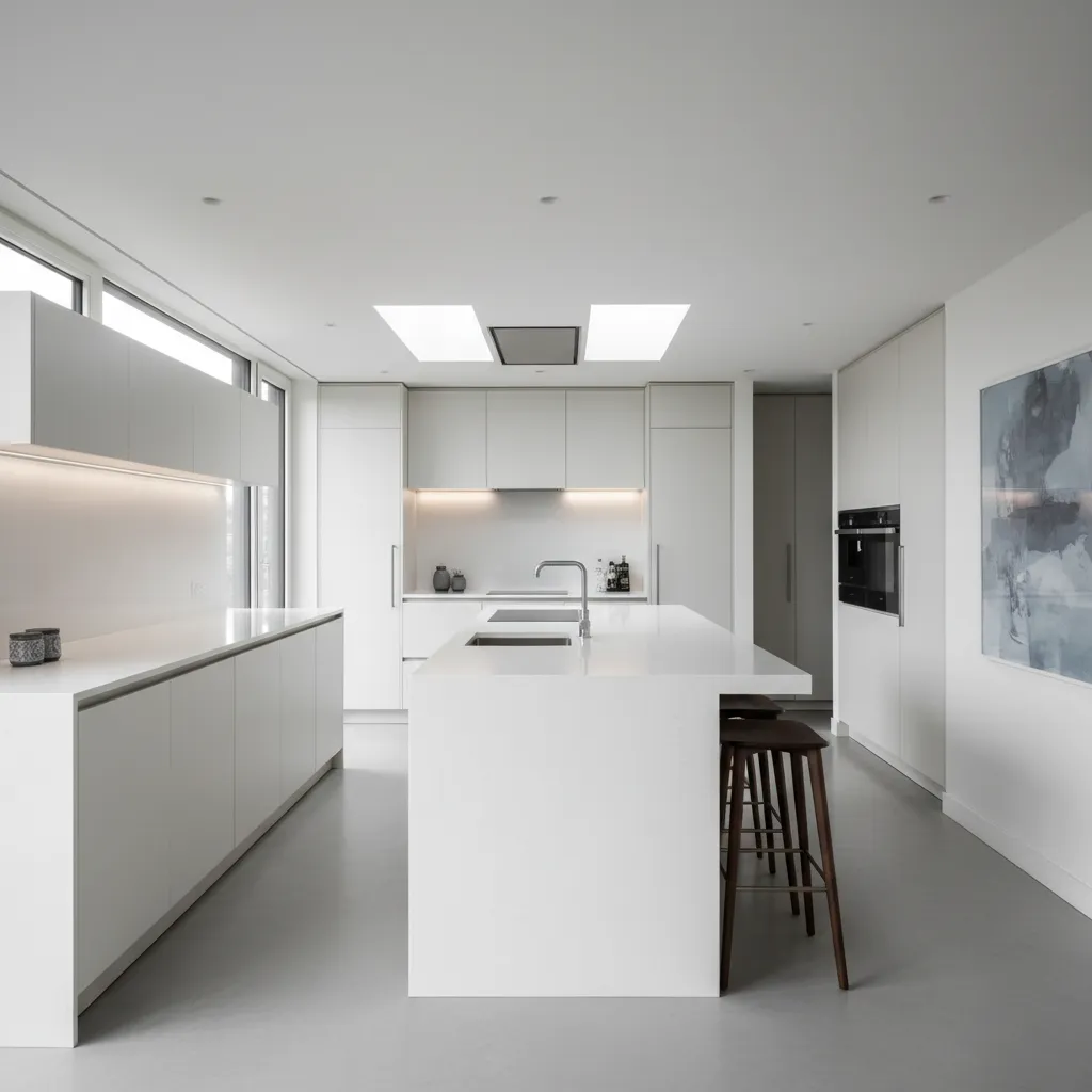 Modern kitchen with white quartz countertop and island