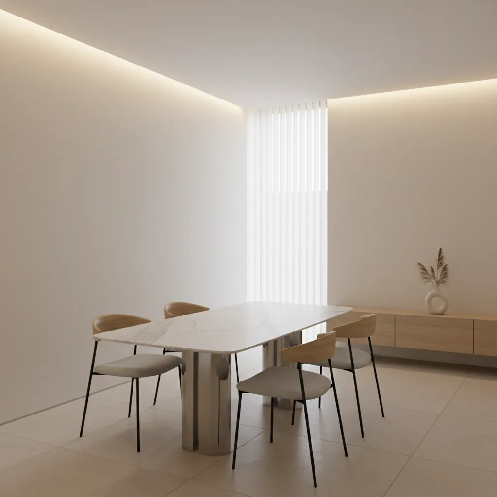 Minimalist quartz dining table in a modern interior