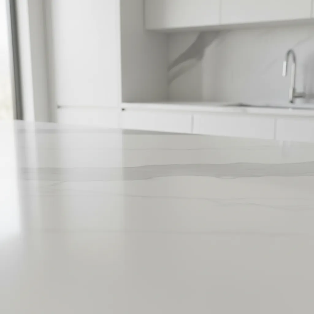 close up quartz kitchen countertop with modern cabinetry