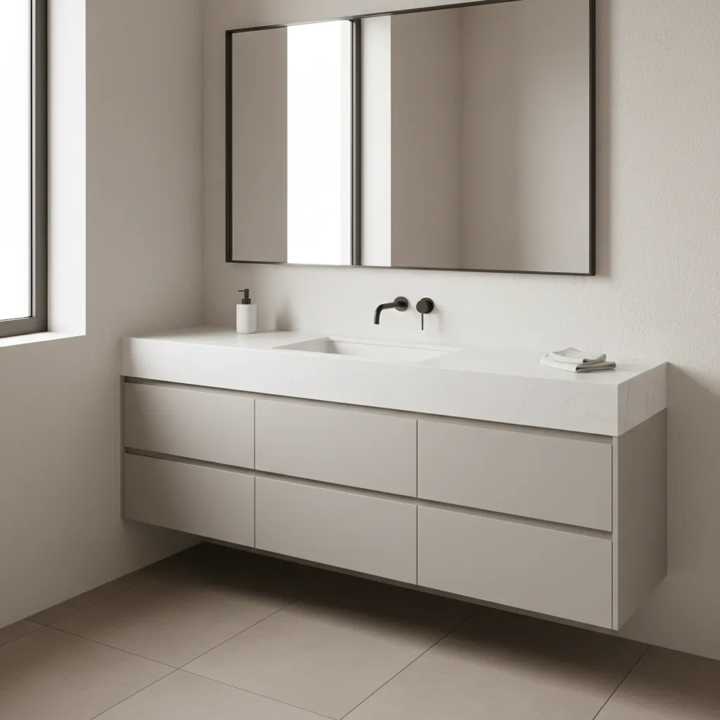 Minimalist bathroom vanity with white quartz countertop