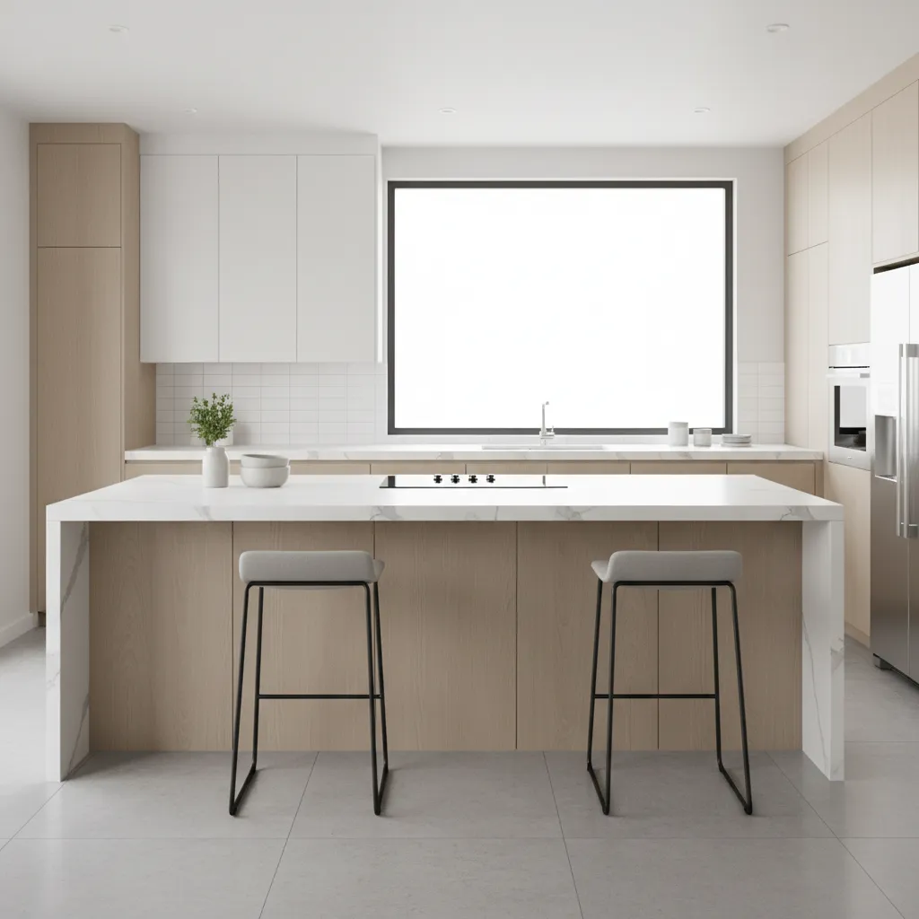 Quartz countertop peninsula kitchen with seating and modern cabinetry