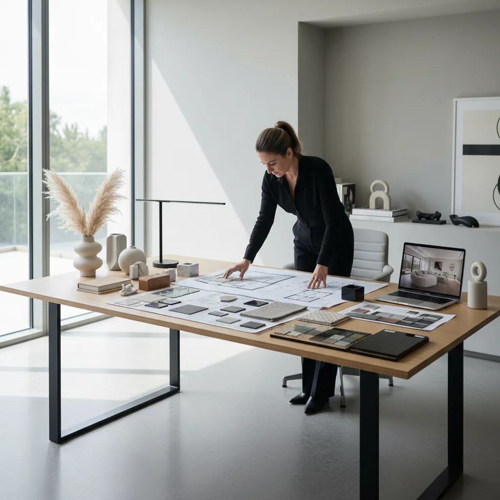 Interior designer working on a room layout with material samples and laptop on large desk