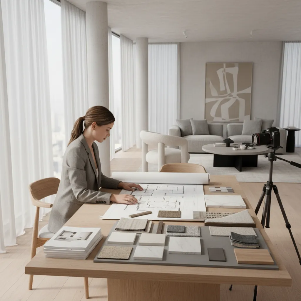 Female interior designer reviewing a room layout drawing with material samples at a bright desk