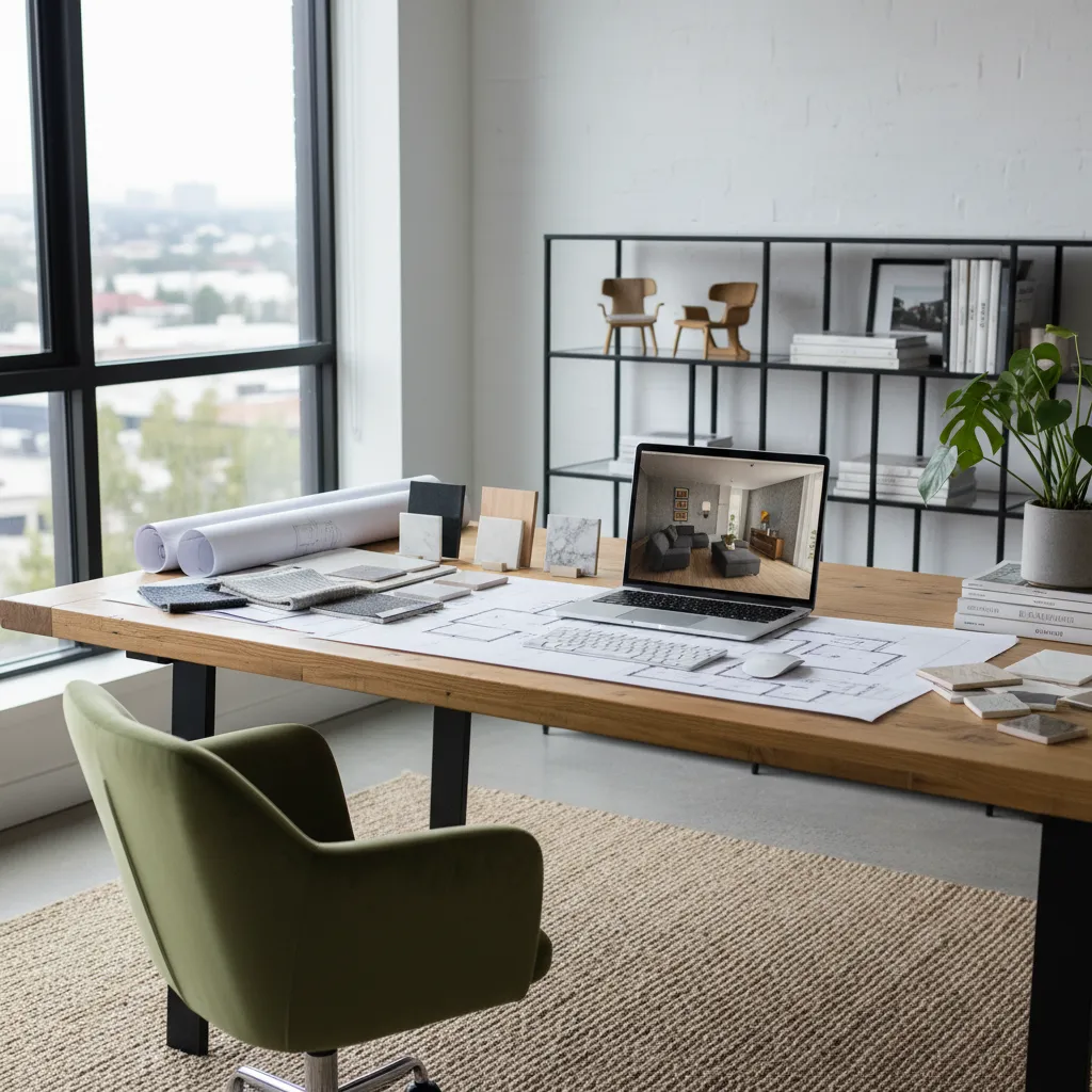 Modern wooden desk with printed floor plans laptop showing room design material samples and green chair