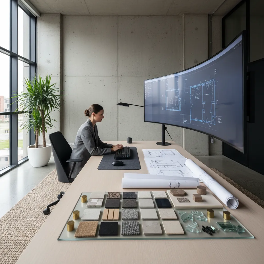 Woman at desk using large curved monitor showing room layout with material samples and blueprints