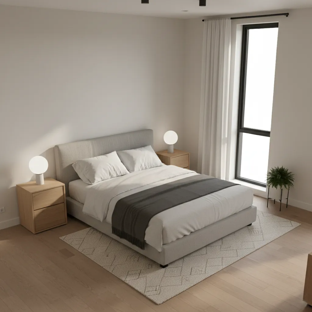 queen bed layout inside a 9x11 bedroom with narrow nightstands