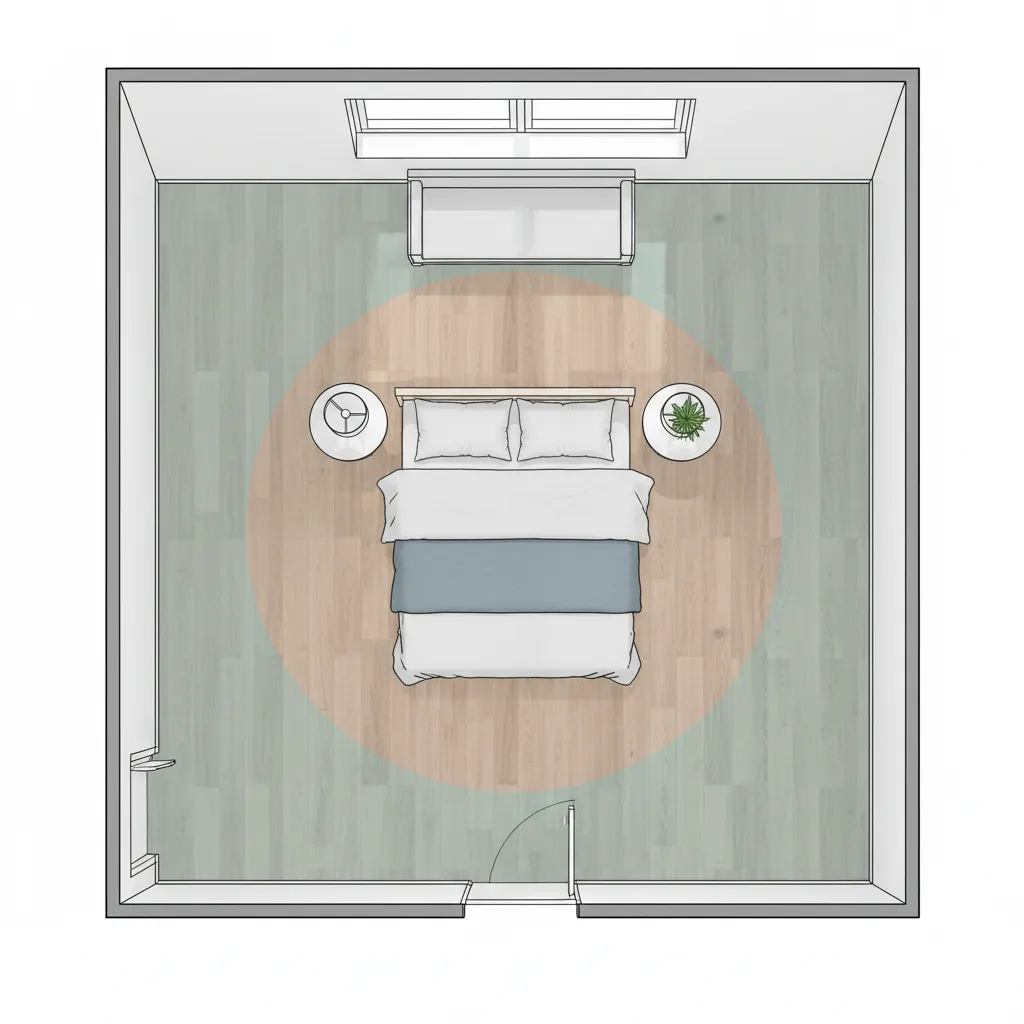 Bedroom floor plan showing minimum space needed around a queen bed