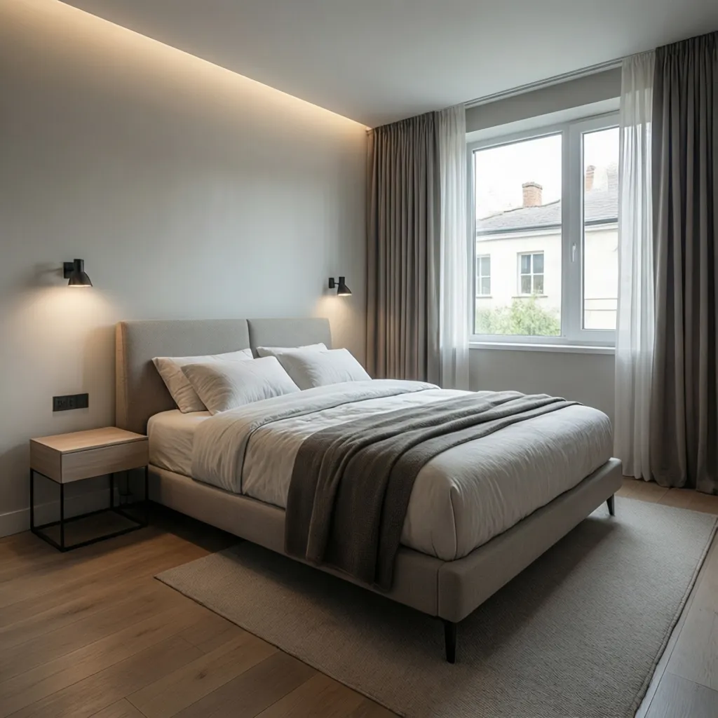 queen bed placed in compact bedroom with minimal nightstand space