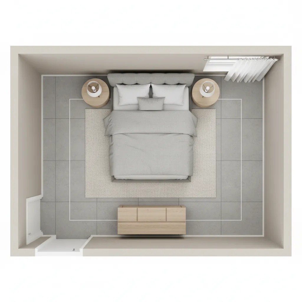 small bedroom layout showing queen bed placement and walking space