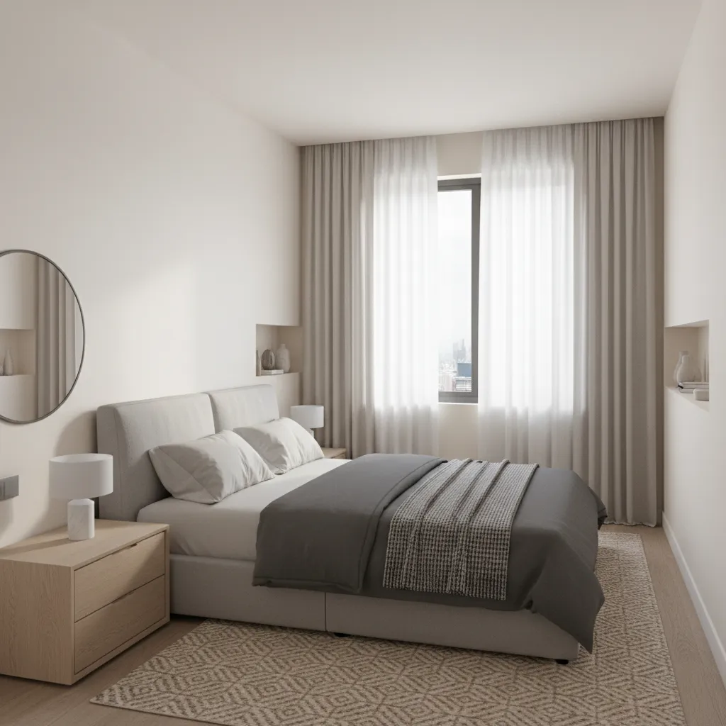 queen bed in a small bedroom showing narrow walking space