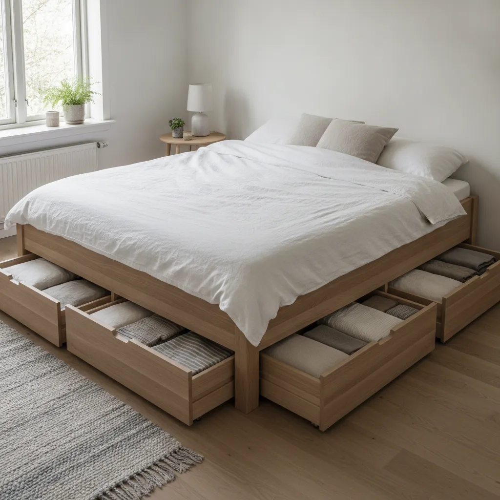 queen bed with built in storage drawers in a small bedroom