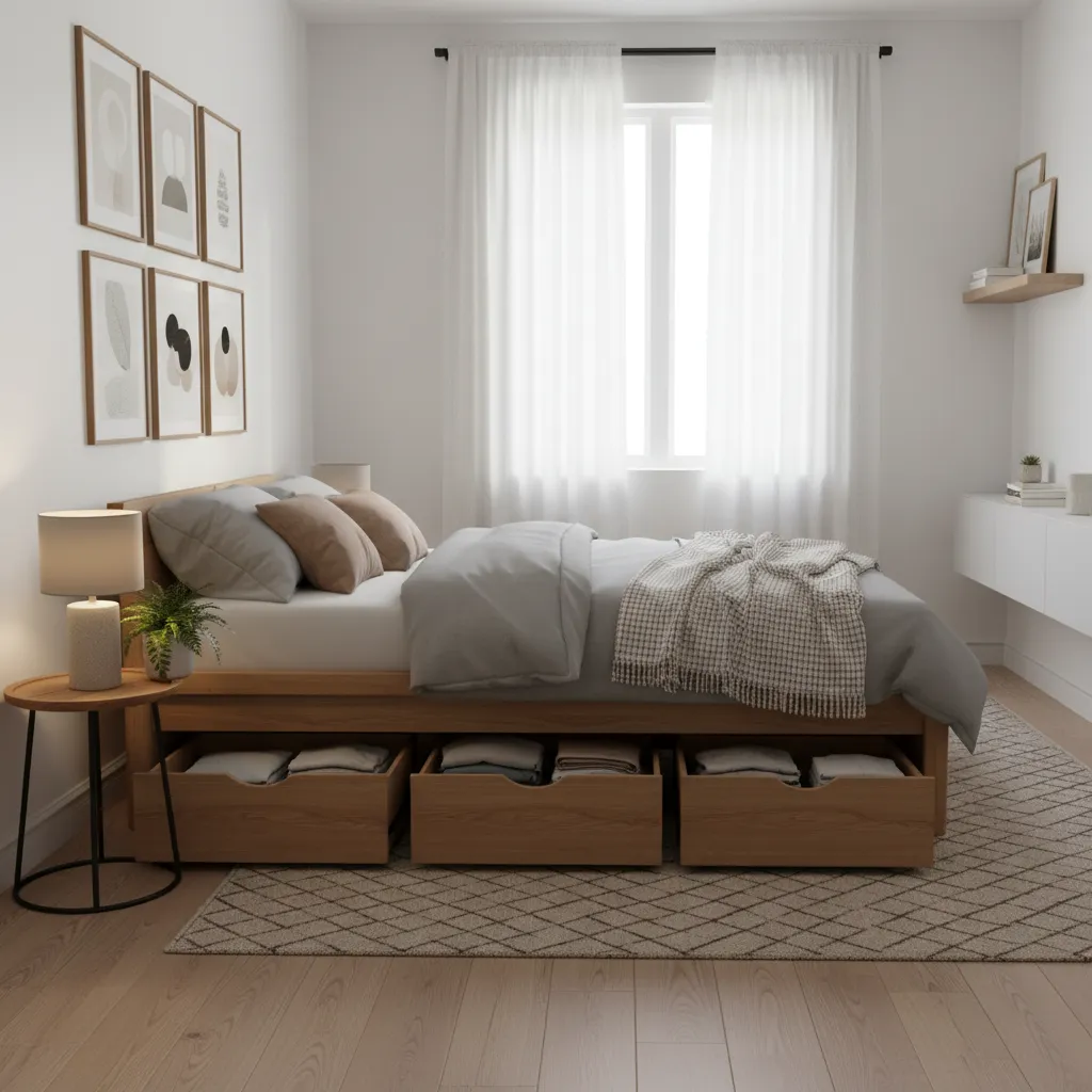 Queen platform bed with built in drawers for storage in a small bedroom