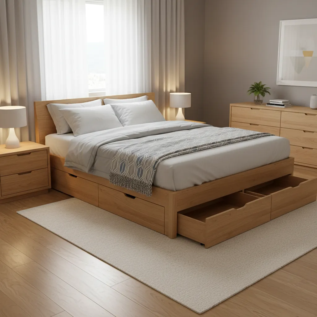 Queen bed with built in storage drawers underneath in modern bedroom