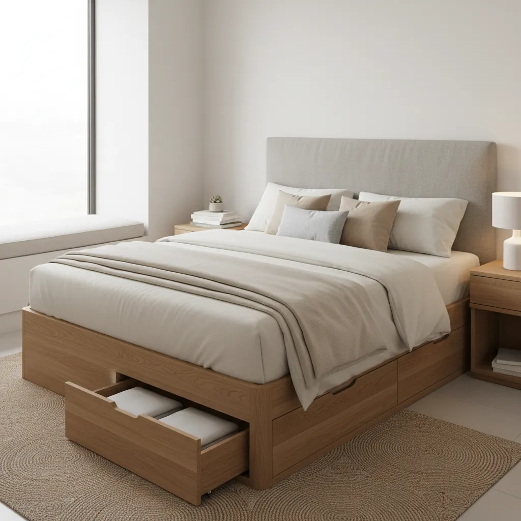 queen storage bed with drawers in compact bedroom