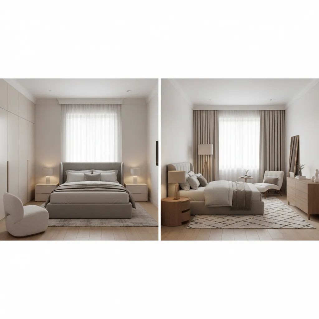 Side by side comparison of queen bed and full bed in a small bedroom layout