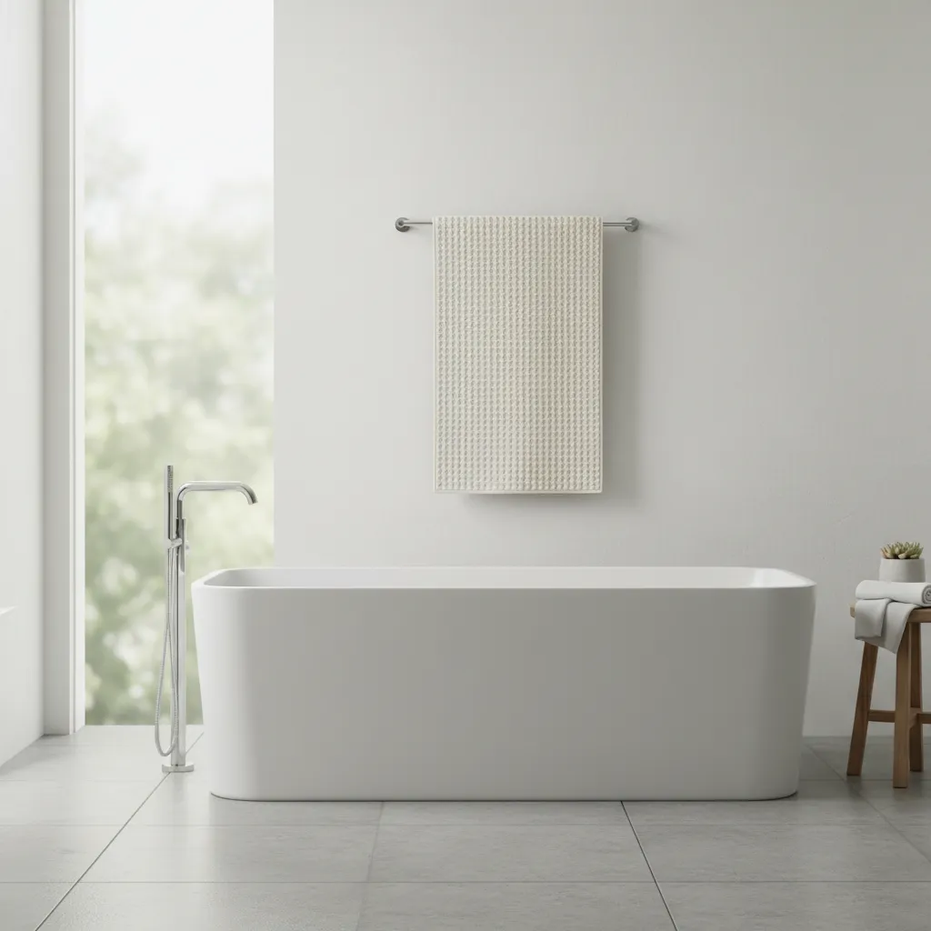 bathroom rug hanging to dry in ventilated bathroom