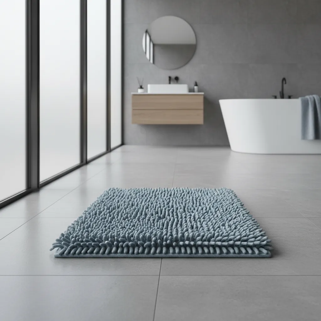 Quick dry microfiber bathroom rug drying quickly on tiled bathroom floor