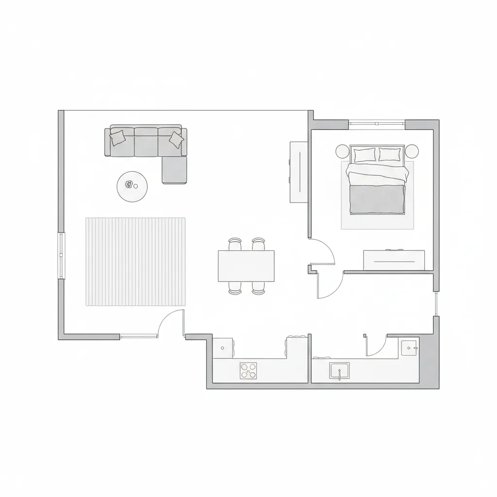 Simple home floor plan sketch showing furniture placement strategy