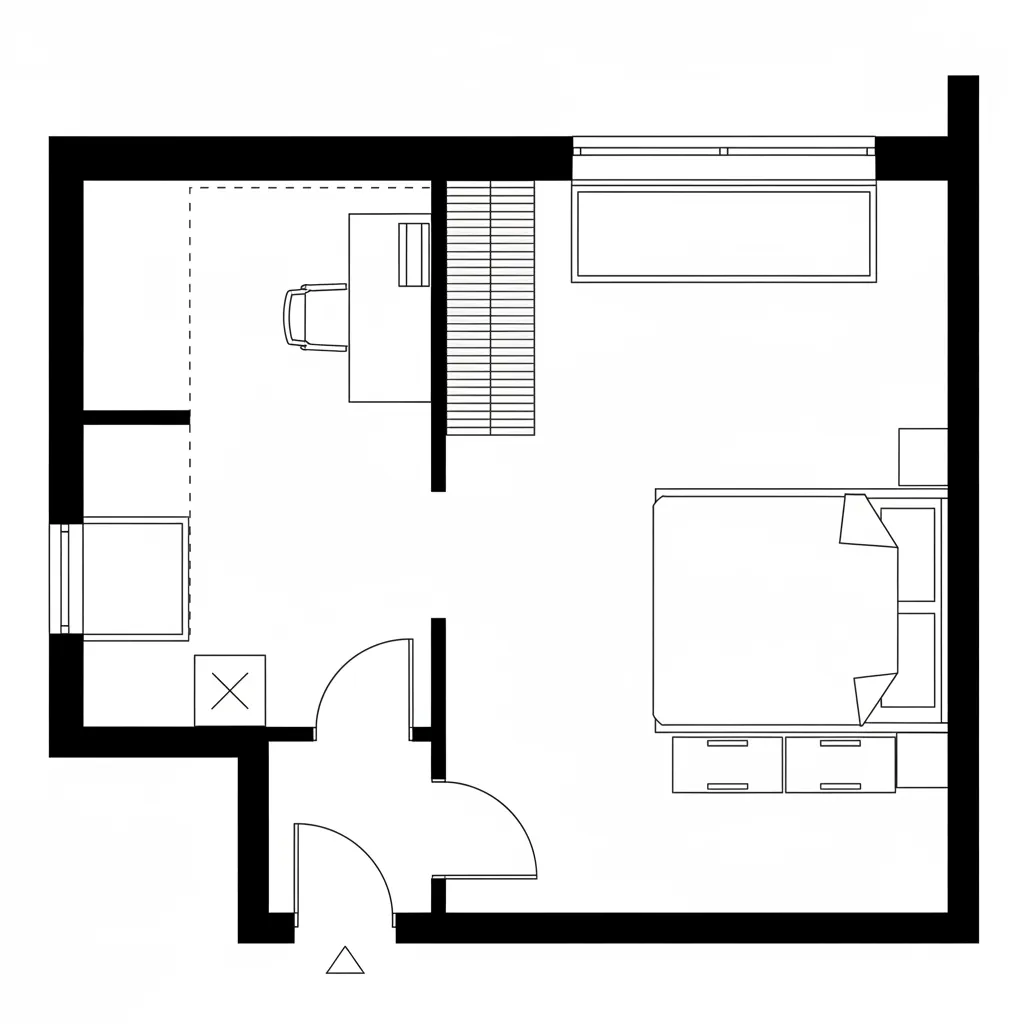 2D CAD plan of bedroom with queen bed and flex workstation nook