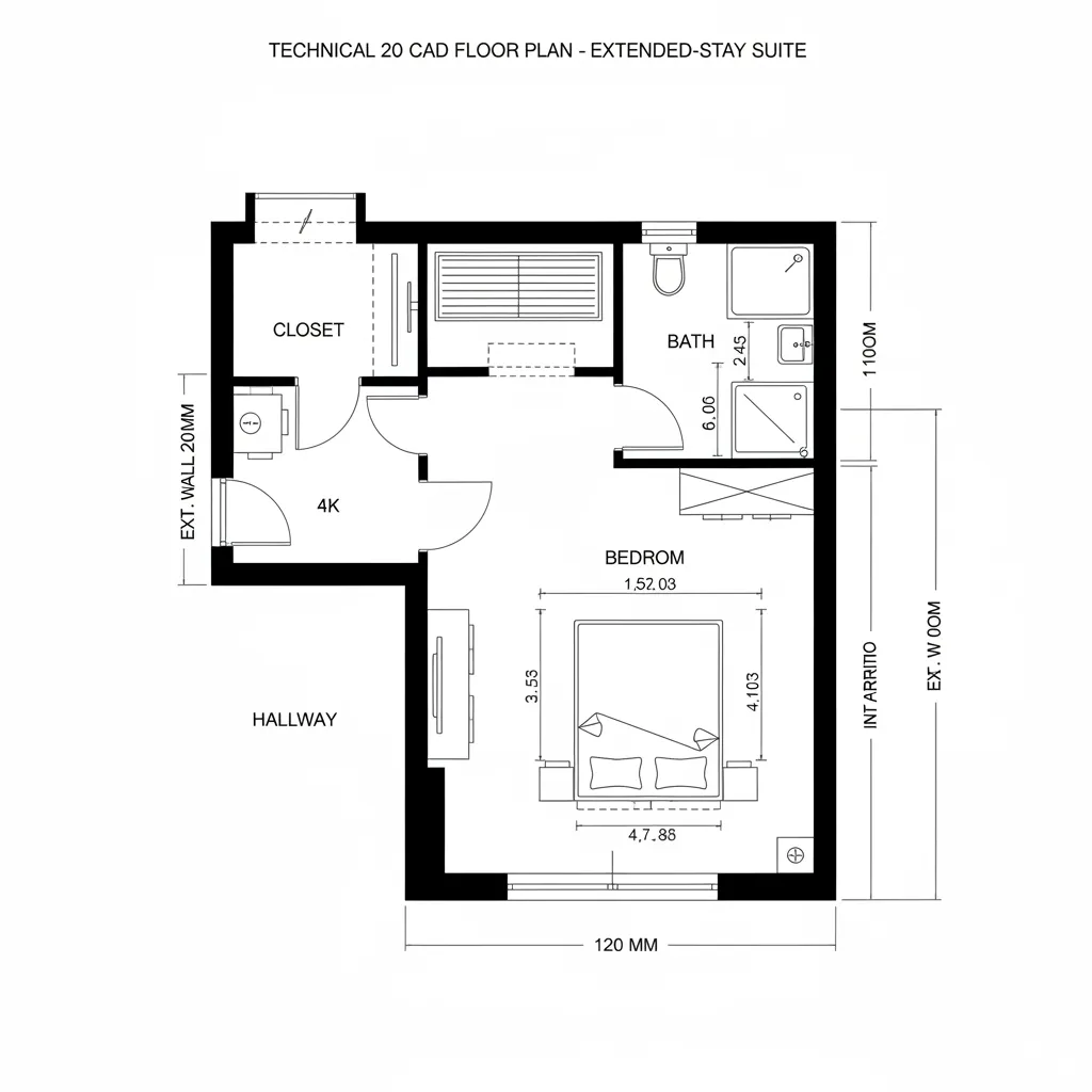 Top-down CAD plan of zoned bedroom with closet buffer and bathroom access